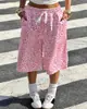 Calça de moletom estilo Y2K, cor rosa dopamina com estampa de leopardo, cordão, perna larga, comprimento médio, doce e descolada, caimento solto, fluida, shorts esportivos casuais