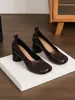 Sapatos de Salto Grosso Plissados Estilo Francês com Fenda no Tornozelo e Bico Aberto, Sapatilhas Rasteirinhas de Outono com Design Único