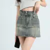 Saia Jeans Retrô Estilo Americano Feminina 2024 Nova Chegada Verão Cintura Alta Hot Girl Saia Evasê no Quadril