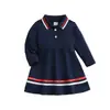 Vestido tipo polo de manga larga estilo universitario para niños, Vestido de línea A a rayas color block con cuello camisero para bebé niña, Ropa de otoño para niños