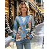 Sudadera de manga larga con estampado de casa de muñeco de nieve navideño transfronterizo con efecto de cárdigan falso, sudadera tipo chaqueta de punto de dos piezas falsas estampadas