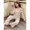 Pijama feminino de tricô waffle, toque de algodão, manga longa, calça longa, com estampa de coração, confortável para ficar em casa, exportação transfronteiriça para outono e inverno