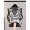 Chaqueta Chaleco para Primavera y Otoño, Suéter de Punto para Mujer Estilo Nuevo, Versión Coreana de Moda, Cuello en V, Corte Holgado, Estampado de Cebra, Ropa de Abrigo