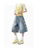 Calça Jeans Cropped Estampada Estrela Retro Americana Verão 2026 Fina Solta Lavada Shorts de Perna Larga