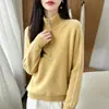 Suéter Engrossado 100% Lã Pura Feminino Meio Zíper Gola Alta Tricô Color Block Camada Base Outono Inverno Top Quente