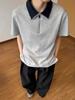 Camisa Polo de Meio Zíper Costurada à Mão Manga Curta Verão Masculina Retrô Americana Manga Curta Gola Contrastante de Alta Qualidade