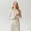 Suéter de punto base sin costuras 100% cachemira pura de una sola pieza para mujer, cuello alto, corte ajustado, acanalado, con cuello de volantes