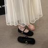 Camurça Preto Boca Rasa com Saia Sapatos Femininos 2025 Novos Flats Retrô Sapatos Mary Jane Solado Macio Flats Sapatos Femininos Confortáveis