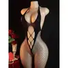 Lingerie Sexy Europeia e Americana, Decote Halter Sexy, Costas Abertas em Renda de Rede Grande, Transparente Vazado, Cavalo Aberto Quente, Não Precisa Tirar, Macacão Tentação