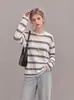 Camiseta de punto a rayas de manga larga con cuello redondo, elegante, de color contrastante, que reduce la edad, para mujer, fina de otoño, protectora del sol, holgada