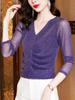 Camiseta interior de malla para mujer, delgada de gasa de manga larga para primavera y otoño, top interior de gasa, camisa moderna de moda para principios de otoño