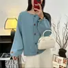 Estilo Coreano Simples Solto Casual Versátil Cardigan de Botão Suéter Jaqueta Tricotada com Manga Raglan Enrolada Feminina Retrô Outono e Inverno