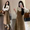 Conjunto de Maternidad Otoño Invierno Vestido Chaleco Retro Cuello Alto Ribete de Encaje Capa Base Vestido de Dos Piezas de Felpa Cuello en V Adelgazante