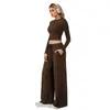 Conjunto casual de duas peças europeu e americano feito sob medida: top cropped de manga longa e calça casual de perna larga, conjunto feminino fashion