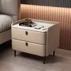 Mesita de noche, madera maciza con tapa de losa de roca, estilo de lujo ligero, almacenamiento de cuero, mueble de almacenamiento de alta gama para uso doméstico, diseño simple y moderno