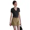 Camiseta de punto para mujer, estilo Old Money, con canalé, cuello en V, manga corta, verano, retro francés, corte ajustado, top versátil de nicho