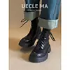 Versão em Couro de Vaca ~ Botas de Couro Genuíno com Solado Grosso para Mulheres Outono e Inverno 2025 Novo Estilo Estilo Britânico Botas Curtas Cool com Cadarço para Pessoas Baixas