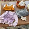 Top de dos piezas de imitación para niña, colección de otoño, camiseta interior de encaje de lunares para niños, elegante diseño de retazos de manga larga