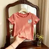 Camiseta de Manga Corta de Seda Helada para Niñas de Comercio Exterior Camiseta Lisa de Color para Bebé Verano Adorno de Volantes Top Dopamina para Bebé Casual