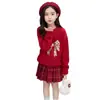 Conjunto Rojo de Año Nuevo para Niñas, Suéter Grueso de Punto, Falda a Cuadros, Conjunto JK, Ropa Festiva de Invierno para Celebrar el Año Nuevo