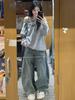 Jeans Retrô Americano Scimitar de Perna Larga para Mulheres, Design Solto de Cintura Alta para Primavera e Verão, Calças Lavadas e Desgastadas Rasgadas de Comprimento Total