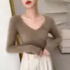 Suéter de cachemir para bebé ajustado de primera línea listo para usar para mujer, cuello en V, suéter de punto liso, jersey suave y liso para usar en capas, capa base sin costuras