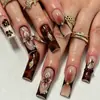 Estilo Europeo y Americano Cortos Chapados en Oro 3D Florales de Lujo Forma de Almendra Manicura Francesa Uñas Postizas Puntas de Uñas Portátiles