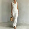 Vestido de moda europea y americana para mujer 2026, sin mangas, con cuello de volantes elegante, color liso, vestido largo con abertura para ir al trabajo, vestido de vacaciones