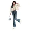 Jeans Feminino Cor de Cimento Micro-flare Cintura Alta Nova Coleção Primavera 2025 Skinny Slimming Stretch Calça Reta