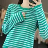 Suéter feminino de malha de algodão puro estilo coreano, gola redonda, blocos de cor listrados, caimento solto, modelador, adequado para o outono, adequado para o trabalho, tricô de manga comprida para usar por cima