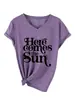 Here Comes the Sun Tienda Independiente de Amazon Wish Camiseta Cómoda y Versátil de Manga Corta con Cuello en V para Mujer para Comercio Exterior