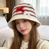 Sombrero de pescador coreano de otoño para mujer, fino, con bloques de color y rayas, de punto de alpaca, con cobertura facial, ligero y transpirable, con cordón y detalle de lazo