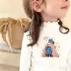 Roupa Íntima Plush Dupla Face Infantil Outono Inverno Camiseta Estilosa para Meninas Manga Longa Gola Meia Alta Top Quente com Barra Franzida