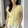 Top Fino Transpirable de Punto Vertical Hueco con Mangas Cortas para Mujer con Cuello en V Blusa Versátil de Verano H062710