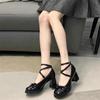 Zapatos Mary Jane de Estilo Francés con Lazo Cruzado Zapatos de Cuero Pequeños de Tacón Grueso de Estilo Británico Zapatos de Tacón Alto de Una Capa para Mujer Verano 2022 Nuevo