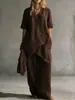 Conjunto de dos piezas de moda casual transfronteriza europea y americana para mujer, color liso, cuello en V, holgado, manga corta, cárdigan y pantalones largos