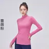 Top de yoga feminino com gola semi-alta, fendas laterais, mangas compridas, comprimento médio, cobre o quadril, camiseta base modeladora para yoga e dança