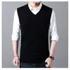 Colete de Lã Gola V Outono e Inverno Masculino Sem Mangas Cor Lisa Tricotado Colete Básico Médio Espessura Suéter Casual Colete Masculino