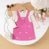Yaya Comercio Exterior Transfronterizo Primavera Nuevo Color Albaricoque Manga Larga Rojo Vino Vestido con Tirantes Conjunto de Ropa para Niños Lindo y Energético Venta al por Mayor desde el Fabricante