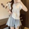 2025 Nuevo Verano Estilo Coreano Dulce Blanco Manga Volante Tejido de Punto Femenino Estilo Suave Corte Reductor de Edad Top Cut Out