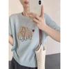 Camiseta Fresca de Manga Curta Estação Europeia 25 para Mulheres, Top de Malha Gola Redonda Bordado de Verão, Camisa Solta Respirável de Seda Gastrodia