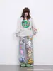 Jeans Feminino Casual Americano de Primavera Bonito Retro Estampado Graffiti Reto Solto High Street Personalizado Calça Wide Leg