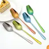 Cuchara de mango largo, titanio puro, cabeza cuadrada para uso doméstico, cuchara de sopa antibacteriana para exteriores, cuchara elegante con patrón de grietas de hielo, cuchara de comedor de alta gama estilo coreano