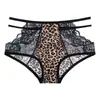 Calcinhas Sexy de Cintura Média com Recortes e Estampa de Leopardo Estilo Europeu e Americano para Mulheres, Confortáveis e Respiráveis de Renda com Meio da Cintura e Forro de Algodão Puro e Malha