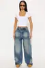 [Fábrica de Jeans Personalizado Odm] Jeans Casual Solto Estampado com Patches Workwear Feminino Personalizado