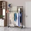 Perchero de pie de hierro forjado con doble barra, simple estante multiusos para ropa para dormitorio del hogar con ruedas