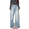 Jeans Rectos de Mezclilla Lavada Estilo Retro Americano para Mujer con Diseño Único, Corte Holgado, Pantalones Anchos Versátiles Casuales