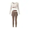 Conjunto de Yoga U-neck Colorblock para Mujer con Almohadillas en el Pecho Manga Larga Falso Dos Piezas Shorts Conjunto Deportivo Fitness Pilates
