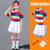 Conjunto de Ropa de Rendimiento a Rayas Arcoíris para Niños Camiseta de Manga Corta Falda Plisada Pantalones Largos Niños y Niñas Día del Niño Uniforme de Clase de Rendimiento Verano