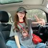 Camiseta de Algodón Puro Estilo Lindo Dibujos Animados Graffiti para Mujer, Combinación de Colores de Alta Gama Cuello Redondo Holgada para Gorditas Talla Grande Top que Cubre la Barriga